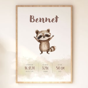 Poster, "Geburtsposter Waschbär", Namen, Digitaler Download, Ausdrucken, Wandbild, Personalisiert, Kinderzimmer, Spielzimmer, Babyzimmer