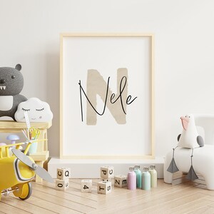 Cartel "Letra N", cartel con nombre, regalo de nacimiento, estampado, mural, habitación infantil, sala de juegos, habitación bebé, acuarela, beige