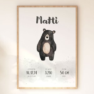 Poster, "Geburtsposter Bär schwarz", Namen, Digitaler Download, Ausdrucken, Wandbild, Personalisiert, Kinderzimmer, Spielzimmer, Babyzimmer