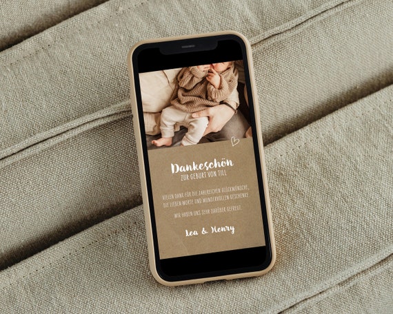 Digitale Dankekarte zur Geburt mit Bild, Danksagung Baby, Kraftpapier, Whatsapp, Storygrafik, personalisiert