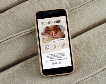 Digital thank you card for birth with picture and birth data, thank you baby, plain beige, Whatsapp, story graphic, personalized
