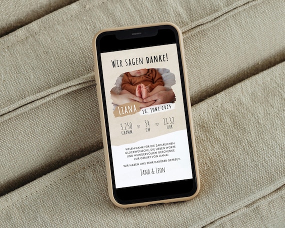 Digitale Dankekarte zur Geburt mit Bild und Geburtsdaten, Danksagung Baby, schlicht beige, Whatsapp, Storygrafik, personalisiert