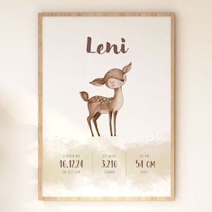 Poster, "Geburtsposter Reh", Namen, Digitaler Download, Ausdrucken, Wandbild, Personalisiert, Kinderzimmer, Spielzimmer, Babyzimmer