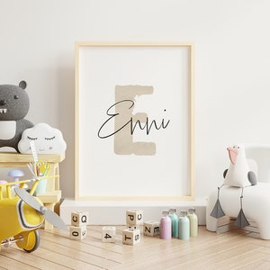 Cartel "Letra E", cartel con nombre, regalo de nacimiento, estampado, mural, habitación infantil, sala de juegos, habitación bebé, acuarela, beige