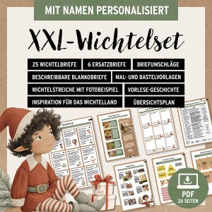 以下が含まれることがあります： ドイツのクリスマス伝統であるXXL Wichtelsetのイラスト広告。漫画の妖精、さまざまな印刷されたページ、ギフトボックスが特徴です。テキストには「25 Wichtelbriefe」、「6 Ersatzbriefe」、および「PDF 26 Seiten」が含まれています。