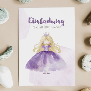 Einladungskarte, Kindergeburtstag, Prinzessin blond, Party, lila, gelb, Prinzessinnenparty