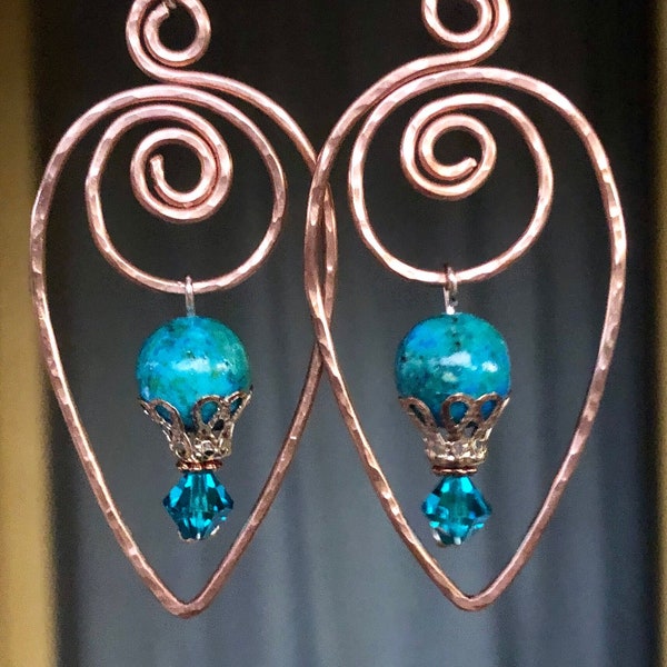 Handcrafted, Hammered Recycled Raw Copper swirl Dangle earrings with Chrysocolla &Swarovski Elegant.On Trend. Gift for Her, Unique, Choices.