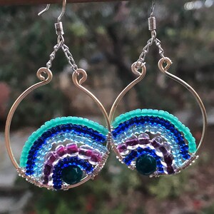 Turquoise and glass seed-beaded circular drop earrings
