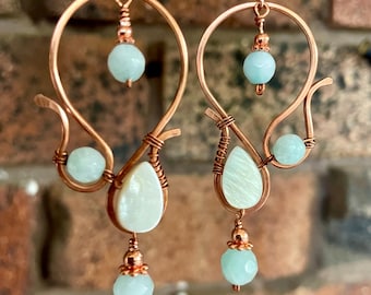 Handcrafted, Hammered Recycled Copper Swirl earrings with beautiful Amazonite & Mother of Pearl Teardrops.Elegant.On Trend. Unique,Choices.
