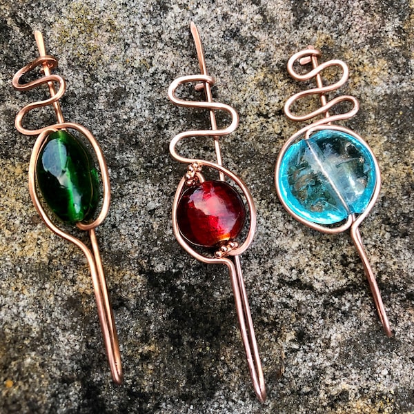 Elegant Celtic style Mini Copper Shawl Pin/ Hair Clip.Minimalist,Hammered Copper, Recycled Copper, Unique Gift , Choices.Foil Glass