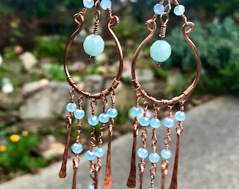Absolutely Stunning Light Aqua Amazonite,Czech crystals and Copper Chandelier Earrings. Striking  design, beautifully matched elegance