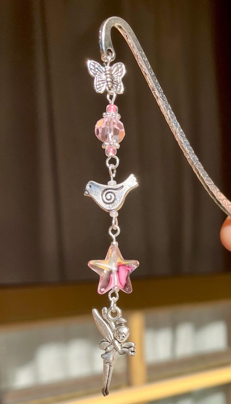 Tibetan silver Beaded Bookmarks.Book Lovers Gift ,Handcrafted Bookmark, Shepherd Hook Bookmark. Unique Treasure, Friend Gift.Mother’s s Day Fairy Pink butterfly