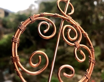 Celtic Hammered Copper  Swirls Shawl Pin . Outlander Inspired, Knitting Accessory, Unique Gift , Handcrafted