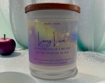 LONG LIVE.  Luxury glass jar candle made from 100% soy wax. Pink Champagne + Exotic Fruits scent. Extra large: 50 hours burn time