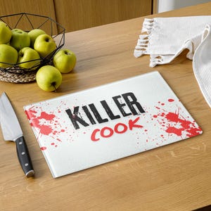 Halloween Inspired Killer Cook Glass Cutting Board! Perfect for your blood and gore fan!