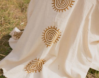 Handwoven Linen Kimono | Stone Block Print Dandelion Design, Artisan Caftan Robe