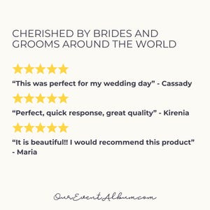 May include: A graphic featuring the text CHERISHED BY BRIDES AND GROOMS AROUND THE WORLD, followed by three rows of five yellow stars and customer reviews from Cassady, Kirenia, and Maria. The bottom displays the website OurEventAlbum.com.