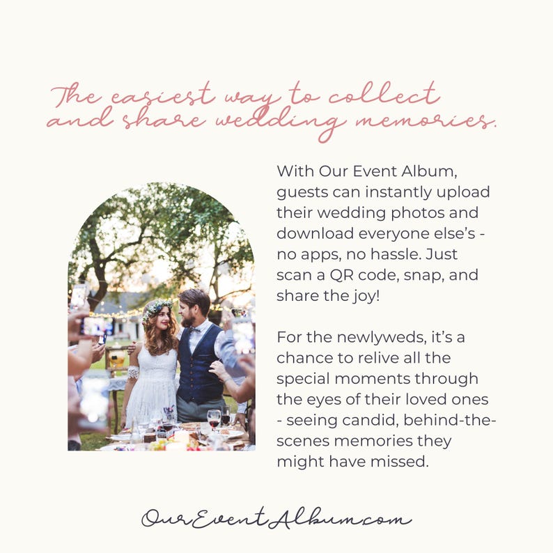 May include: A digital service advertisement titled The easiest way to collect and share wedding memories. It features an arched photo of a couple at a wedding reception surrounded by guests with phones, and text explaining the Our Event Album process.