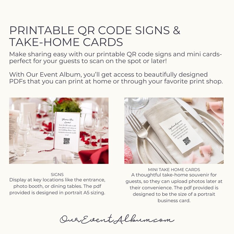 May include: Printable QR code signs and mini take-home cards featuring the text PRINTABLE QR CODE SIGNS & TAKE-HOME CARDS, Share the Love!, and Upload your photos and videos to our wedding album. The signs and cards include QR codes.