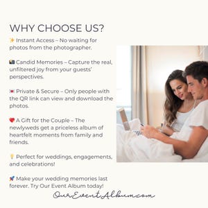 May include: An informational graphic titled WHY CHOOSE US? listing benefits of a digital photo service, including instant access, candid memories, and secure links. Beside the text, a photo shows two people looking at a laptop in bed. OurEventAlbum.com.