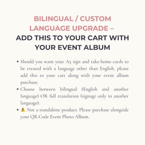 May include: A cream-coloured graphic with black and pink text, advertising a bilingual or custom language upgrade for event albums. The text includes instructions for adding the upgrade to your cart.