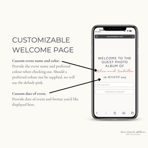 May include: A smartphone displaying a customizable welcome page for a guest photo album. The screen shows the text Welcome to the guest photo album of Alex and Isabella, the date 06 August 2025, a name entry field, and a continue to gallery button.