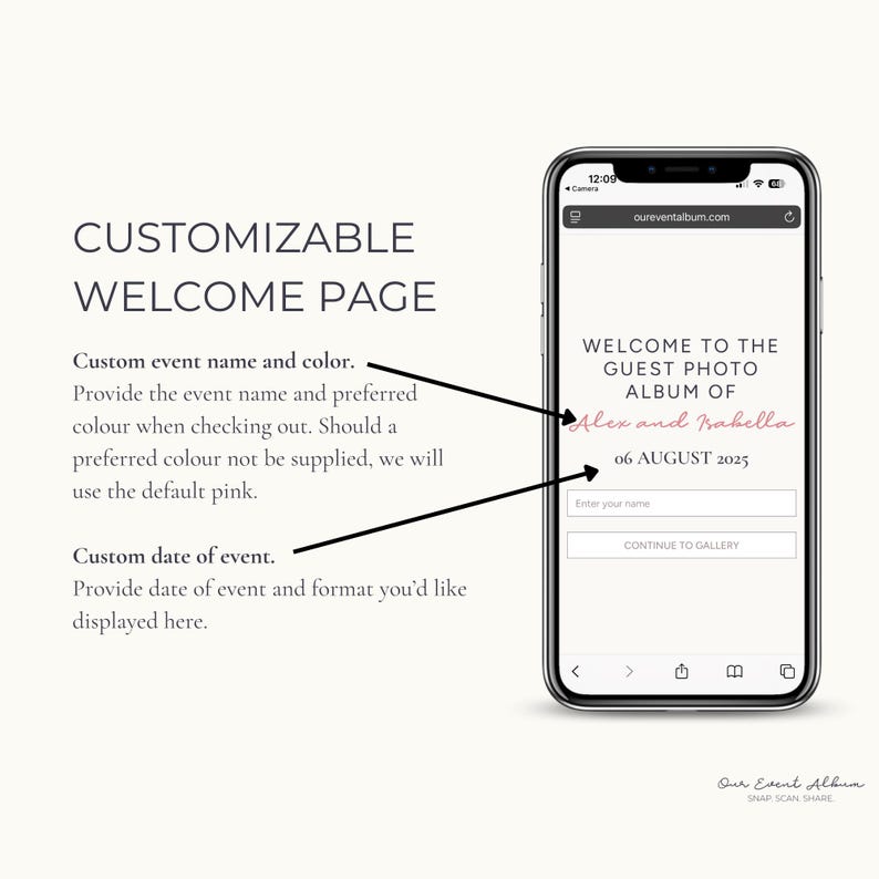 May include: A smartphone displaying a customizable welcome page for a guest photo album. The screen shows the text Welcome to the guest photo album of Alex and Isabella, the date 06 August 2025, a name entry field, and a continue to gallery button.