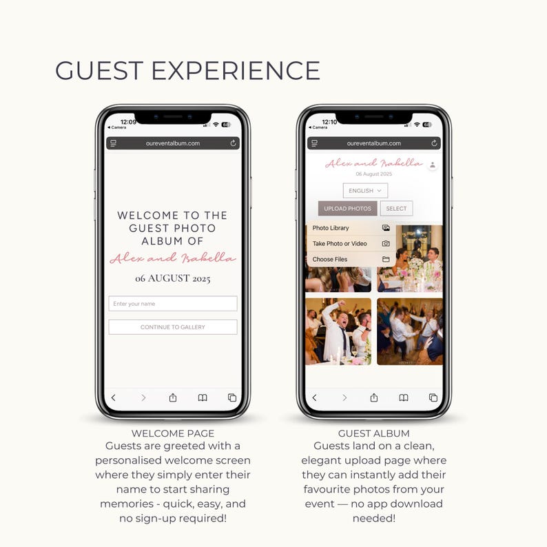 May include: Two smartphones displaying a digital guest photo album interface. The left screen shows a welcome page with the text "WELCOME TO THE GUEST PHOTO ALBUM OF Alex and Isabella 06 AUGUST 2025". The right screen shows an upload menu with photos.