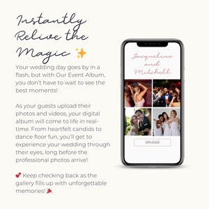May include: A smartphone displaying a digital wedding photo album app with the names Jacqueline and Mitchell at the top. The screen shows a grid of four wedding photos and an upload button. Text on the left reads Instantly Relive the Magic.