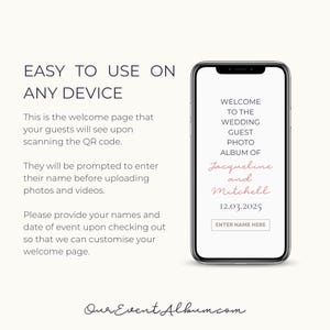 May include: A smartphone displaying a digital wedding guest photo album welcome page with the text: WELCOME TO THE WEDDING GUEST PHOTO ALBUM OF Jacqueline and Mitchell 12.03.2025 ENTER NAME HERE. The screen also features text about using the device.