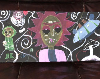 May include: A black canvas painting with a psychedelic theme. The painting features a green character with a white hat, a red-haired character with a pink shirt, a blue and green flying saucer, and a white mushroom.