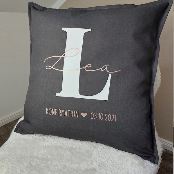 Kissenhülle Kissenbezug Kissen zur Konfirmation Kommunion Taufe mit Spruch personalisiert Geschenk Jugendweihe 50x50 cm anthrazit weiß beige