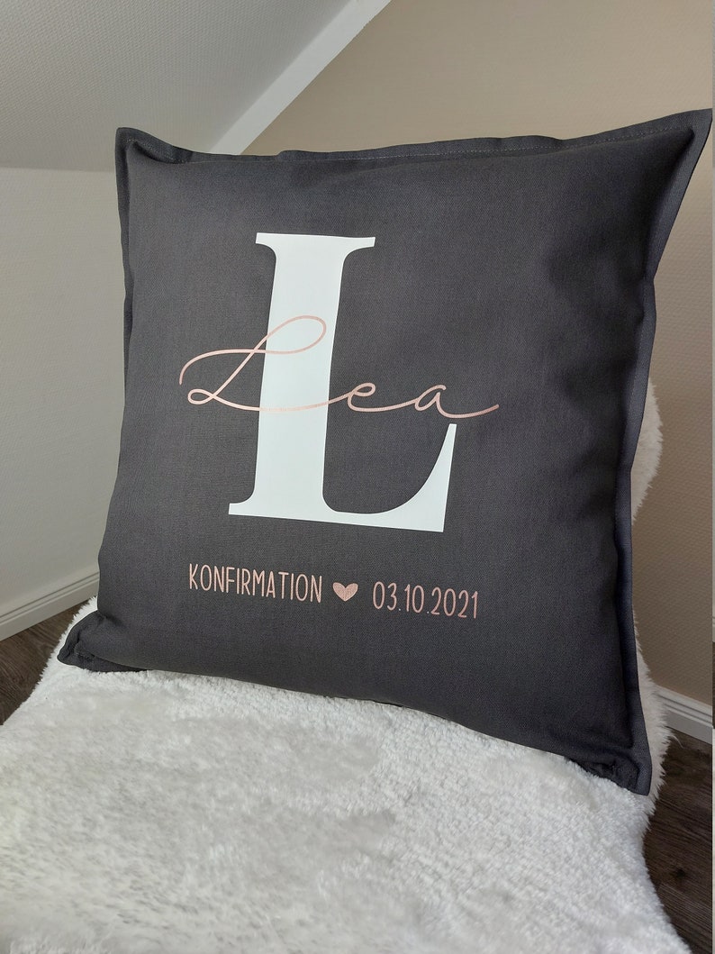 Kissenhülle Kissenbezug Kissen zur Konfirmation Kommunion Taufe mit Spruch personalisiert Geschenk Jugendweihe 50x50 cm anthrazit weiß beige Bild 1