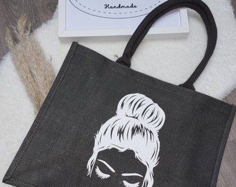 Shopping Tasche Jute Einkaufstasche Tote Bag grau oder schwarz Schultertasche Messy Bun 42x33x20 cm Geschenk Einkaufsbeutel