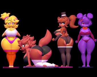 Puede incluir: Un grupo de cuatro figuras de dibujos animados estilizadas, cada una con rasgos exagerados y colores vibrantes. Los personajes incluyen un pollo amarillo, un zorro rojo, un oso marrón y un conejo morado, todos en poses sugerentes.