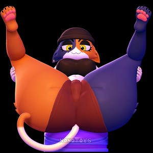 Könnte beinhalten: Eine 3D-gerenderte Cartoon-Katzenfigur mit orangefarbenem, lila und weißem Fell, die einen braunen Hut trägt. Die Katze posiert mit erhobenen Beinen und zeigt ihre Unterseite. Der Hintergrund ist schwarz. Der Text "NONOTOYS" ist sichtbar.
