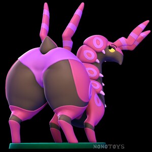 May include: A 3D-rendered figurine of a stylized creature with a pink and brown color scheme. The creature has large, rounded features, including a prominent rear end and segmented body. The figure is posed on a green base against a black background.