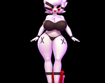 Könnte beinhalten: Eine 3D-gerenderte Figur eines weiblichen Charakters mit weißer Haut, schwarzen Akzenten und einem schwarzen Bikini. Die Figur hat ein stilisiertes Aussehen mit großen Brüsten, einer schmalen Taille und schwarzen 'X'-Markierungen auf den Oberschenkeln. Die Figur steht auf einer lila Basis mit einer roten Geschenkbox.
