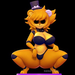 May include: A golden-yellow figurine of a bear-like character in a provocative pose. The figure wears a black top hat, bow tie, and bikini. The figure is squatting with its legs spread. The figure has black eyes and a small nose.