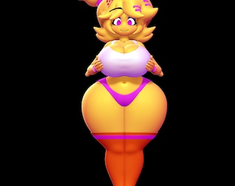 Puede incluir: Una figura renderizada en 3D de un personaje de dibujos animados con cabello y piel amarillos, que lleva una parte superior blanca, una parte inferior de bikini rosa y leggings naranjas. La figura está posada sobre un fondo negro. El texto "NONOTOYS" es visible.