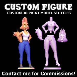 May include: Image features a 3D rendered fox character in a white tank top and blue jeans, with a separate disassembled figure. Text reads "CUSTOM FIGURE" and "Contact me for Commissions!"