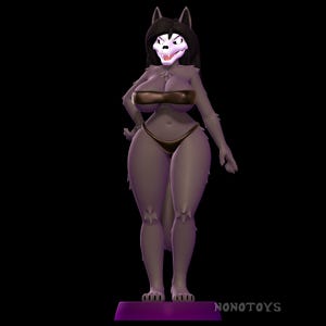 May include: A 3D-rendered figure of a wolf-like humanoid wearing a brown bikini. The figure has a skull-like face and is standing on a purple base. The background is black, and the figure is in a standing pose.