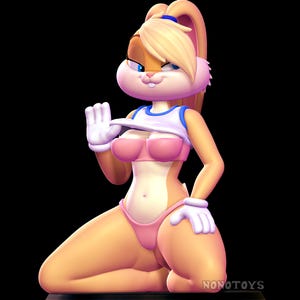 May include: A 3D-rendered figurine of a cartoon rabbit character, posed in a kneeling position. The figure is wearing a pink bikini and a white top with blue trim. The character has blonde hair and blue eyes, with white gloves on its hands.
