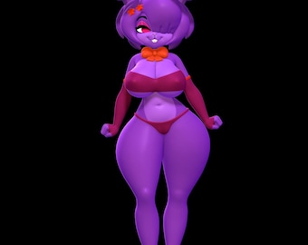 Puede incluir: Un personaje de dibujos animados morado con orejas de conejo, que lleva un top y una braguita de bikini rojos, y guantes largos rojos. El personaje tiene una pajarita naranja y está de pie sobre una base negra. El texto "NONOTOYS" está en la parte inferior.