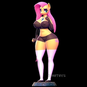 May include: A 3D-rendered figurine of a pony character with yellow skin, pink hair, and blue eyes. The pony is wearing a black outfit with white thigh-high socks. A purple butterfly tattoo is on the thigh. The figurine is on a small, textured base.