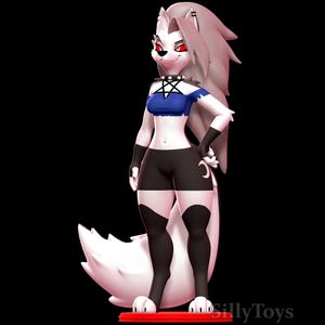 May include: A 3D-rendered figure of a wolf-like character with white fur, wearing a blue top, black shorts, and a studded collar. The figure has red eyes and a confident pose, standing on a red base against a black background.