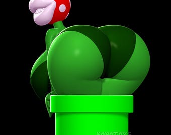 Puede incluir: Una figura verde y caricaturesca, con una cabeza roja y puntos blancos, que se asemeja a una planta Piraña, posa provocativamente. La figura emerge de una tubería verde, con el texto "NONOTOYS" visible en la tubería.