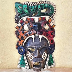 Aztec Jaguar & Lizard Mask: Handcrafted Mexican Wood Art
