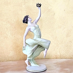 Goebel Porcelain Figurine Woman Holding Crown, Signed, Made in W. Germany, Vintage Showcase Collectible, Elegant Dance Pose Home Decor