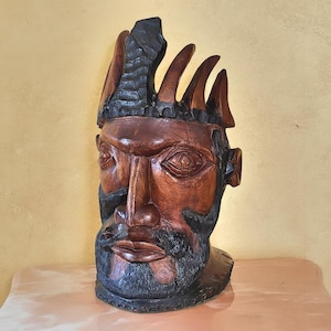 Large Hand Carved Wood Head Bust: Vintage Noble Figure Statue